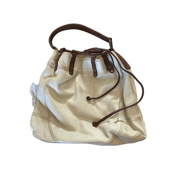 Lucky Brand ivory and brown leather drawstring hobo bag - Picture 4 of 8